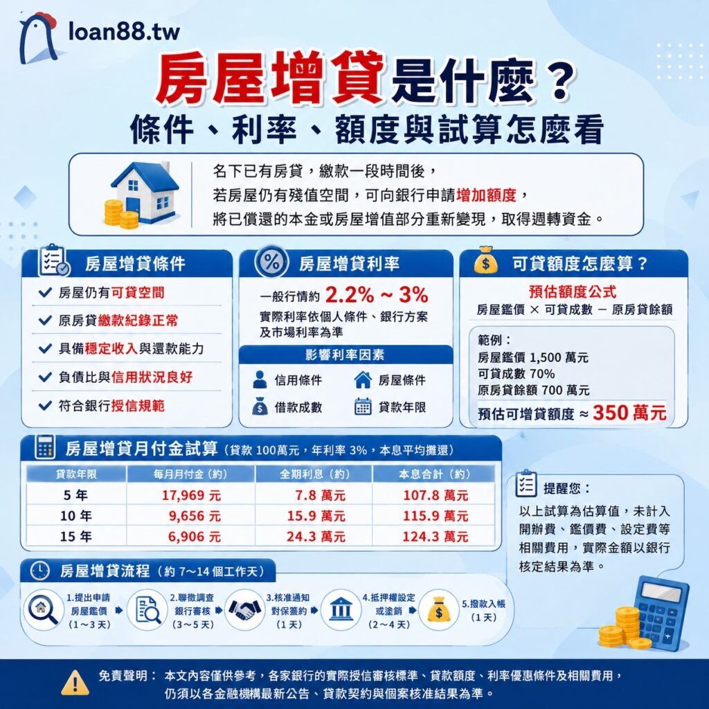 房屋增貸是什麼？條件、利率、額度與試算怎麼看